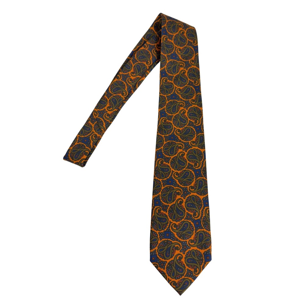 Robert Jensen Mens Silk Paisley Tie Orange Hand Sewn Made in Italy Luxury Dapper